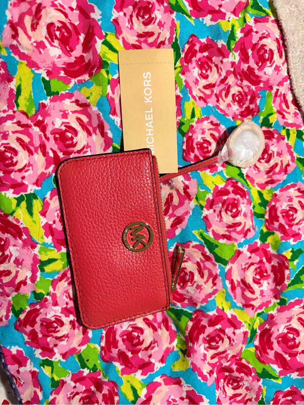 Michael Kors Coral Pink Pebbled Leather Zip Wallet with Gold Logo